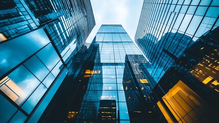 A low angle view of a modern skyscraper in a city. The building is made of glass and steel, and it reflects the blue sky and clouds.