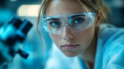 Fototapete - A young woman in protective eyewear intently examines a sample through a microscope in a well-equipped laboratory, showcasing her commitment to scientific exploration.