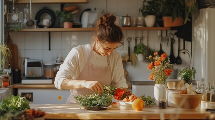 A woman prepares fresh vegetables in a sunlit kitchen filled with plants and herbs, creating a healthy meal from local ingredients