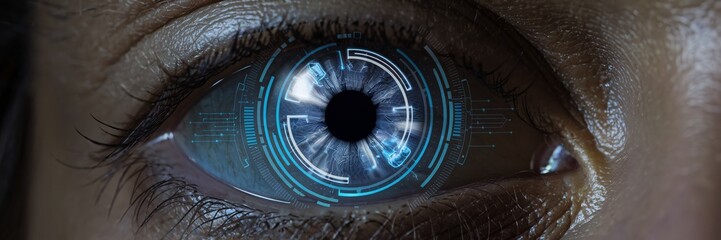 Wall Mural - a close-up view of an eye, with the iris enhanced with digital and futuristic elements.