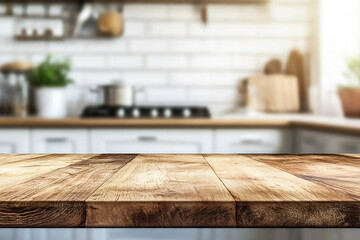 Wall Mural - Wood Tabletop with Blurred Kitchen Background – Perfect Mockup for Product Display and Design Layout