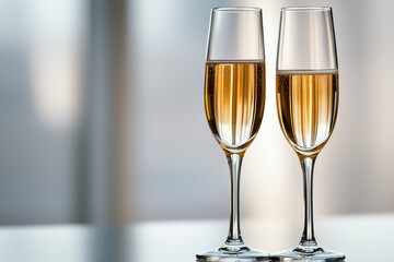 Two champagne flutes filled with champagne on a table