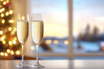 Two champagne glasses are on a table with a Christmas tree in the background