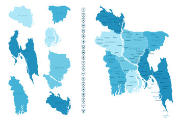 Bangladesh - detailed map of the country in blue colors, divided into regions. Infographic icons. Vector illustration.