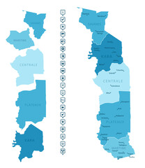 Togo - detailed map of the country in blue colors, divided into regions. Infographic icons. Vector illustration.