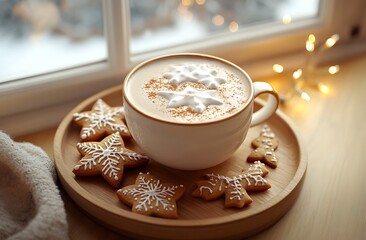 Wall Mural - A cup of hot cocoa with a star-shaped cookie on the side, surrounded by warm and cozy decorations