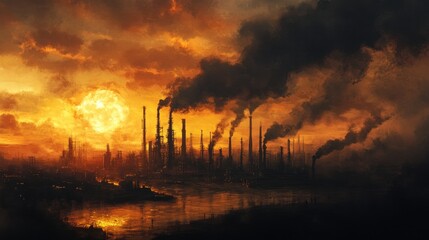 A dramatic industrial landscape at sunset, showcasing pollution and smokestacks.