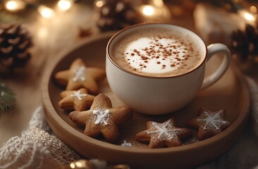 Wall Mural - A cup of hot cocoa with a star-shaped cookie on the side, surrounded by warm and cozy decorations