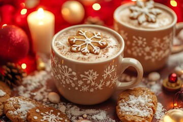 Wall Mural - A cup of hot cocoa with a star-shaped cookie on the side, surrounded by warm and cozy decorations