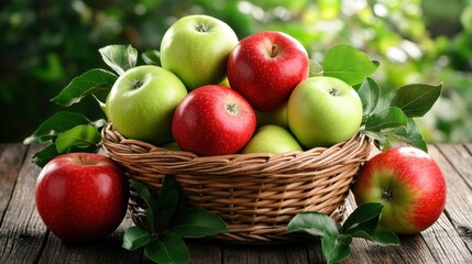 A basket filled with red and green apples surrounded by leaves on a wooden surface.