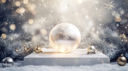 Poster - A large, clear glass ornament sits on a white platform surrounded by frosted pine branches. The ornament is illuminated from within, creating a soft glow.