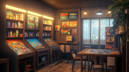 Wall Mural - 144. a cozy game room with board games and an unoccupied area for a product