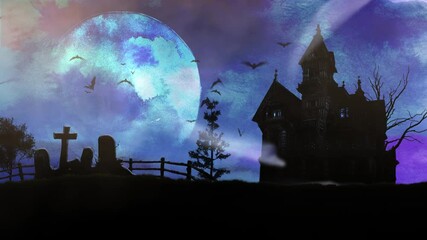 Wall Mural - haunted house landscape ghost infestation 8k loop features silhouettes of a haunted mansion with a s