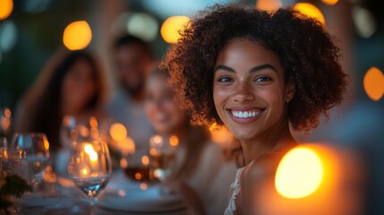 A joyful woman smiles brightly while seated at a beautifully set table with friends. The atmosphere is filled with flickering candlelight, creating a cozy evening vibe.