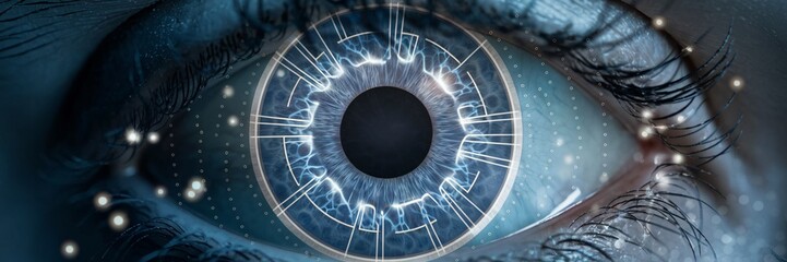 Wall Mural - a close-up view of an eye, with the iris enhanced with digital and futuristic elements.
