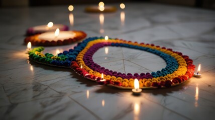 Wall Mural - A colorful rangoli design with lit candles, creating a festive atmosphere.