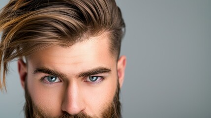 Poster - Bold portrait of a wellgroomed man with a thick beard set against a dark background, capturing style and strength.