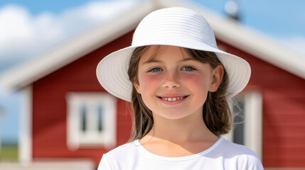 Sticker - A charming little girl in a white hat smiles brightly, set against the rustic backdrop of an old red cabin.