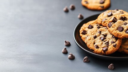 Indulge in warm, freshly baked chocolate chip cookies served on a dark plate, perfect for satisfying your sweet tooth.