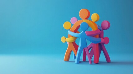 colorful teamwork, collaboration, community hugs, diverse figures on blue background inspiring unity and connection among people