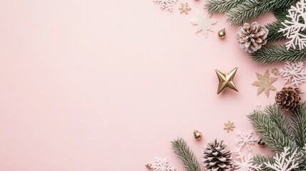 Leinwandbilder - Pine branches, snowflakes, and pine cones are arranged on a pink surface to create a winter-themed scene.