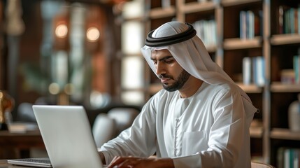 Arab Businessman Succeeds in Traditional Attire: Using Technology in Office. Middle Eastern People Excel in Business.