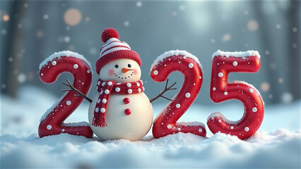 Snowman holding festive numbers 2025 stands in a winter wonderland with falling snowflakes