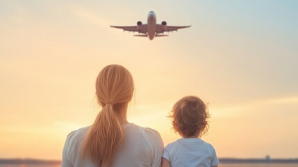 Wall Mural - A woman and a child are sitting on the ground, watching an airplane fly overhead