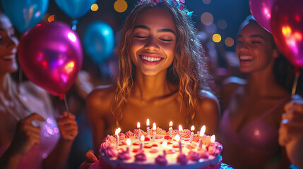 joyful celebration with friends, featuring birthday cake and colorful balloons