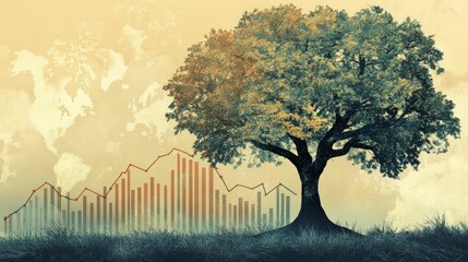 Tree with branches as stock charts growing upwards, symbolizing organic financial growth and prosperity, no text or logos