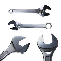 Set of various metal wrenches on a white isolated background.