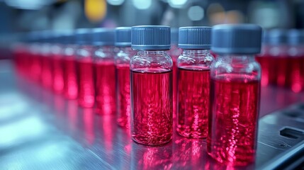 Leinwandbilder - Transparent vials filled with vibrant red liquid are neatly arranged on a production line inside a laboratory, showcasing a sterile environment.