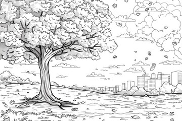 Coloring book illustration of a moody sky and an autumn tree in an urban setting