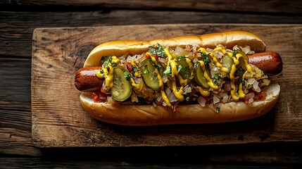 Organic beef hotdog topped with sauerkraut, mustard, and pickles, served on a wooden board, organic beef hotdog, classic street food