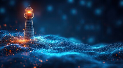 Poster - digital transformation and future vision concept featuring an abstract wireframe lighthouse in blue 