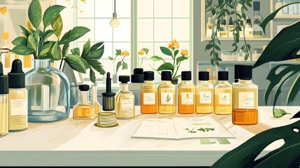 Wall Mural - laboratory experiment and research with leaf, oil and ingredient extract for natural beauty and organic skincare product the blank bottle for label ,bio science concept. 