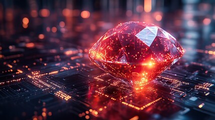 glowing ruby gem overlaid with byte code symbolizing the ruby on rails programming language and its application in web development