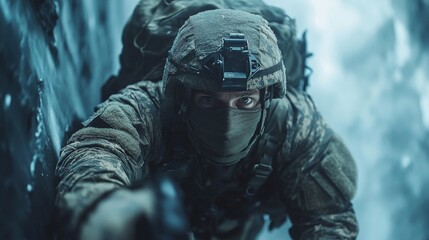 A soldier navigates challenging icy terrain, demonstrating focus and determination during a rigorous training mission in winter conditions.