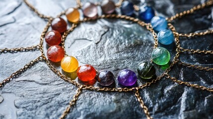 Colorful gemstone necklace on textured surface