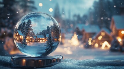 Poster - The delicate snow globe reveals a charming village with cozy cottages surrounded by evergreen trees, all blanketed in snow. Soft flakes fall gently outside, creating a peaceful winter ambiance.