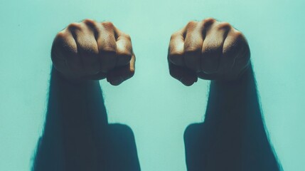 Two clenched fists against a blue background, symbolizing strength, power, and determination.