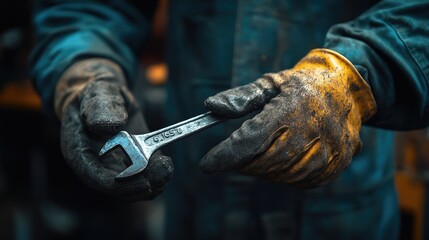 Skilled mechanic holding a wrench in a workshop setting