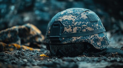 Tactical helmet resting on rugged terrain