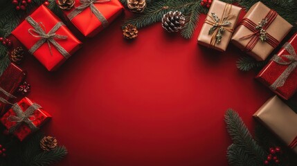 free space topview christmas concept on red background