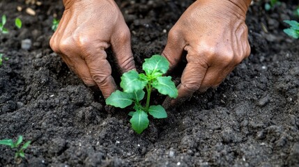 Close-up of hands planting a small seedling in rich brown soil.