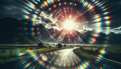 A distorted image of a landscape with light flares and chromatic aberration, showing the effect of imperfect lens optics.