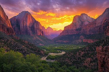 A breathtaking view of a towering mountain range, with the setting sun casting warm, golden light on the peaks and a serene valley below.