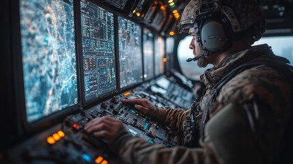 Aufkleber - A soldier monitors multiple high-tech displays while adjusting controls in a military vehicle, focused on a tactical operation as night falls.