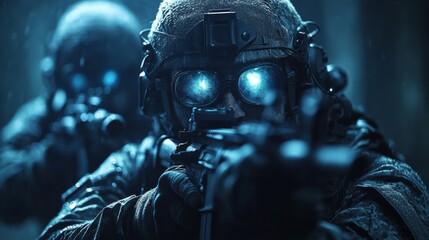 Aufkleber - Two special forces soldiers are prepared for a tactical operation at night, wearing advanced gear and aiming their weapons in an urban setting.
