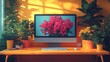 © Wiseman - stylized abstractof digital workspace featuring computer plants and abstract flowers on desk symbolizing creative inspiration